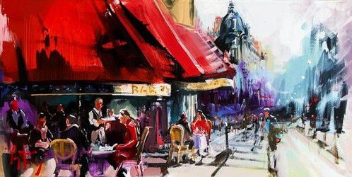 Jurij Frey - Café, Paris, Antiek en Kunst, Kunst | Schilderijen | Modern