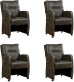 Set van 4 Donkergrijze leren landelijke eetkamerfauteuils -, Huis en Inrichting, Overige kleuren, Nieuw, Leer, Ophalen of Verzenden