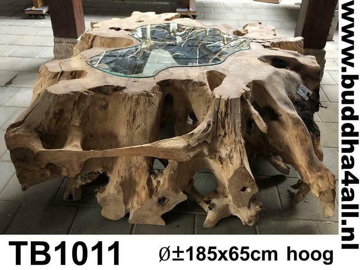Hele speciale salontafel XXL, van teakwortel met glasplaat, Huis en Inrichting, Tafels | Salontafels, 150 tot 200 cm, Overige vormen