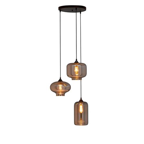 Hanglamp 3-Lichts Mix | Rookglas | Industrieel | Woonkamer |, Huis en Inrichting, Lampen | Hanglampen, Nieuw, Glas, Metaal, Verzenden