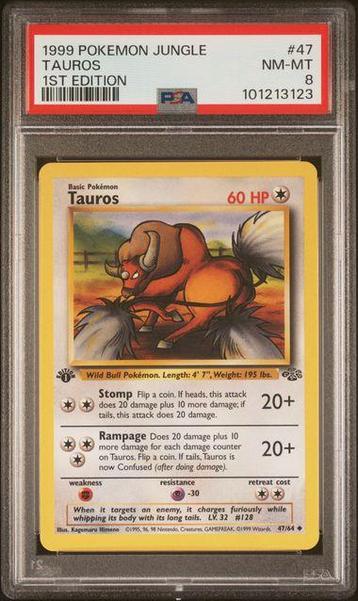 1999 Pokemon WOTC - Jungle - Tauros 1st Edition #47 - PSA 8 beschikbaar voor biedingen