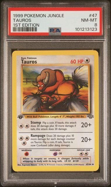 1999 Pokemon WOTC - Jungle - Tauros 1st Edition #47 - PSA 8, Hobby en Vrije tijd, Verzamelkaartspellen | Pokémon, Nieuw, Foil