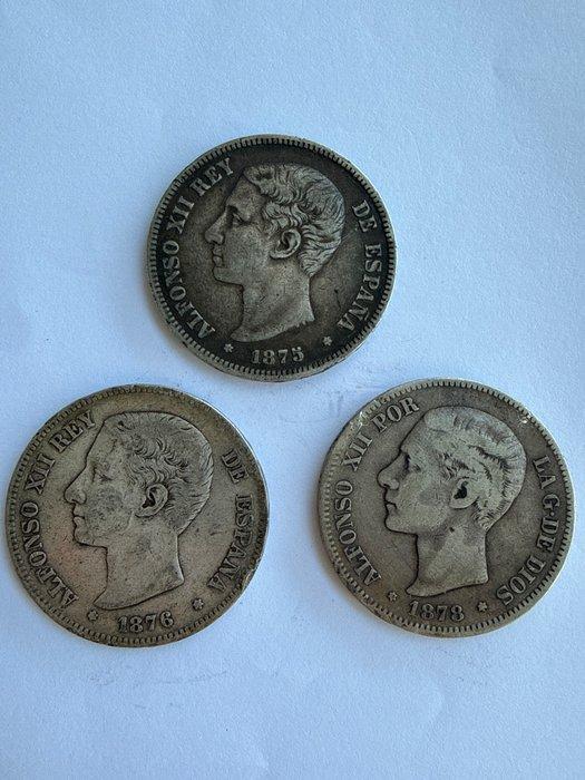 Spanje. Alfonso XII. 5 Pesetas 1875-1876-1878 (Zonder, Postzegels en Munten, Munten | Europa | Niet-Euromunten