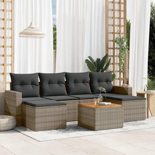 7-delige Loungeset met kussens poly rattan grijs Normale pri, Tuin en Terras, Tuinsets en Loungesets, Bank, Eettafel, Hocker, 6 zitplaatsen