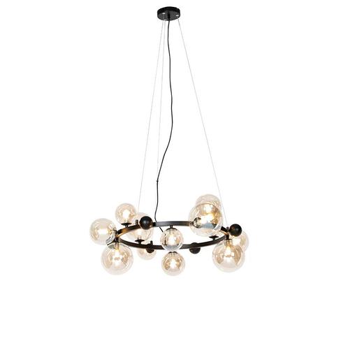 Smart hanglamp zwart met amber glas 12-lichts incl. 12 Wifi, Huis en Inrichting, Lampen | Hanglampen, Nieuw, Overige materialen