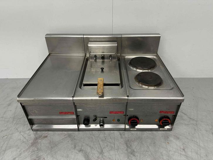 RVS Lotus baklijn 2 pits fornuis en friteuse 90 cm 230V, Zakelijke goederen, Horeca | Keukenapparatuur, Gebruikt, Ophalen of Verzenden