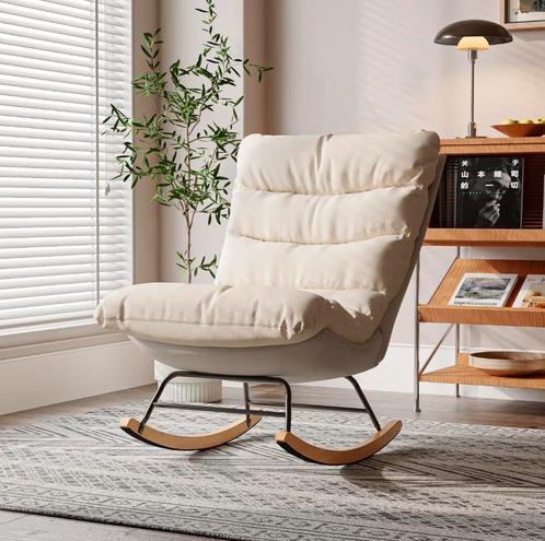 Comfortabele Schommelstoel Beige – Hoge Rug – Loungefauteuil, Huis en Inrichting, Stoelen, Eén, Wit, Nieuw, Hout, Metaal, Stof