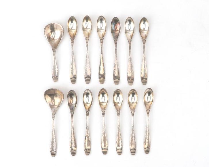 Doosje met twaalf zilveren theelepels, theeduim, suikerschep, Antiek en Kunst, Antiek | Goud en Zilver