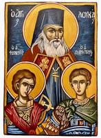 Icoon - Drie heiligen - Hout - Met de hand geschilderd - 18, Antiek en Kunst