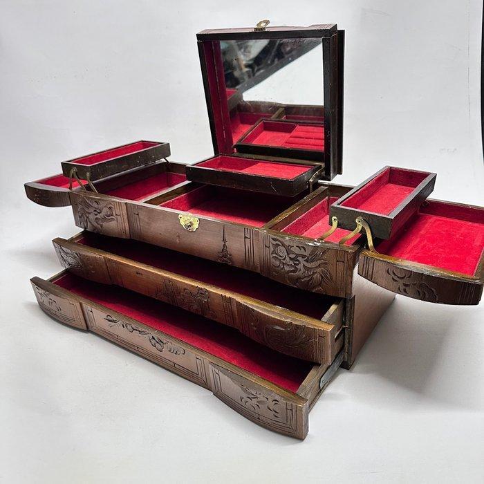 Doos - Handgesneden houten sieradenkist met spiegel - Hout,, Antiek en Kunst, Curiosa en Brocante