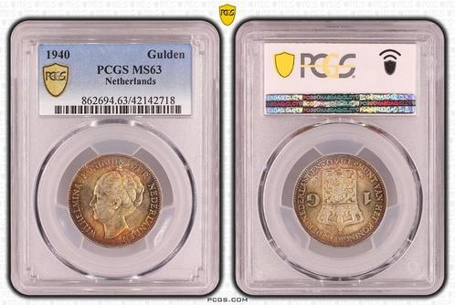 Koningin Wilhelmina 1 gulden 1940 MS63 PCGS gecertificeerd, Postzegels en Munten, Munten | Nederland, Losse munt, Zilver, Verzenden