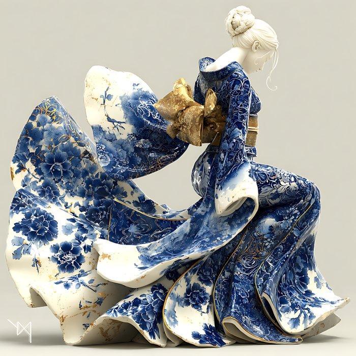 NYX (XX) - Élégance en Porcelaine – Danseuse en Kimono Bleu, Antiek en Kunst, Kunst | Designobjecten