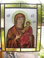 Icoon - beschilderd glas in lood - Maria de Moeder Gods, Antiek en Kunst