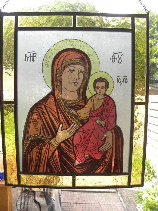 Icoon - beschilderd glas in lood - Maria de Moeder Gods, Antiek en Kunst, Antiek | Boeken en Bijbels