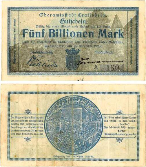 Duitsland 5 Billionen Mark Crailsheim 1923 Notgeld gebrau..., Postzegels en Munten, Munten | Nederland, Verzenden