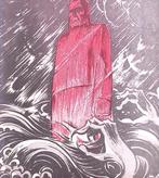 Figuur staat in de branding tijdens storm op spotprent, Antiek en Kunst, Kunst | Litho's en Zeefdrukken, Verzenden