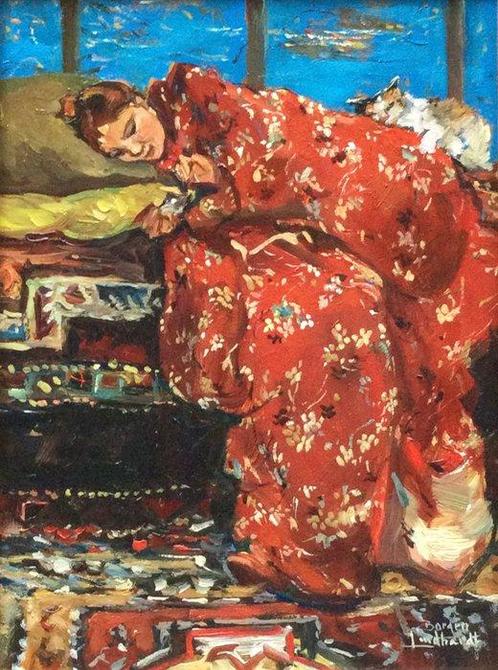 Borgen Lindhardt (1974) - Klassiek kimono meisje in rood en, Antiek en Kunst, Kunst | Schilderijen | Klassiek