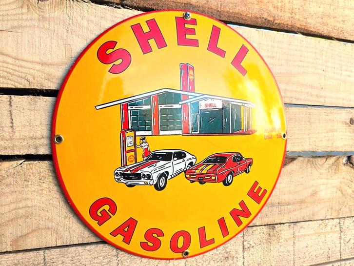 Shell Gasoline - Vintage Emaille Bord, Verzamelen, Merken en Reclamevoorwerpen, Verzenden