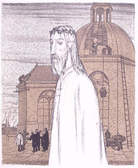Spotprent over Jezus die wegkijkt van verkoop van dak van..., Antiek en Kunst, Kunst | Litho's en Zeefdrukken, Verzenden