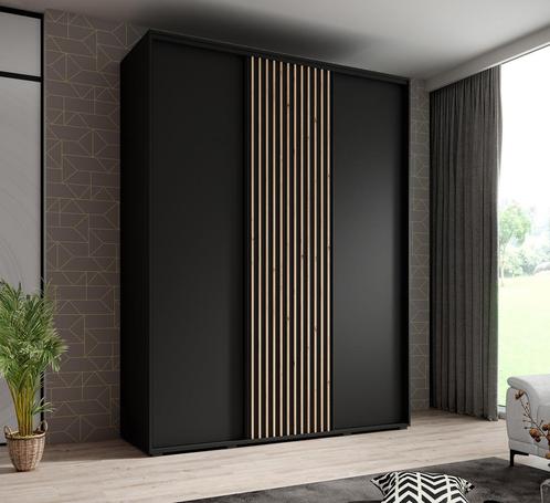 Kledingkast 180cm Zwart Schuifdeuren Latjes - Garderobekast, Huis en Inrichting, Kasten | Vitrinekasten, 50 tot 75 cm, Nieuw, 200 cm of meer