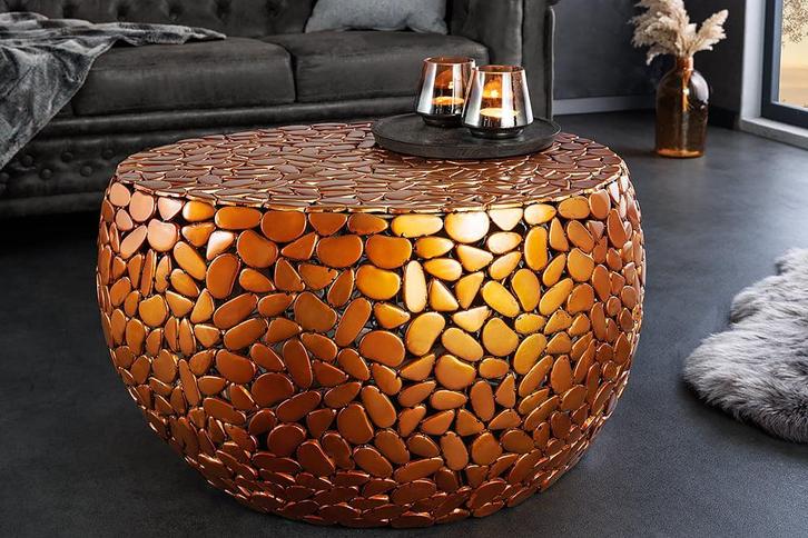 Ronde salontafel STONE MOSAIC 75cm koper metaal mozaiek, Huis en Inrichting, Tafels | Salontafels, Ophalen of Verzenden