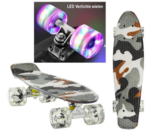 Sajan - Skateboard - LED - Penny board - Camouflage Grijs -, Sport en Fitness, Skateboarden, Skateboard, Nieuw, Verzenden