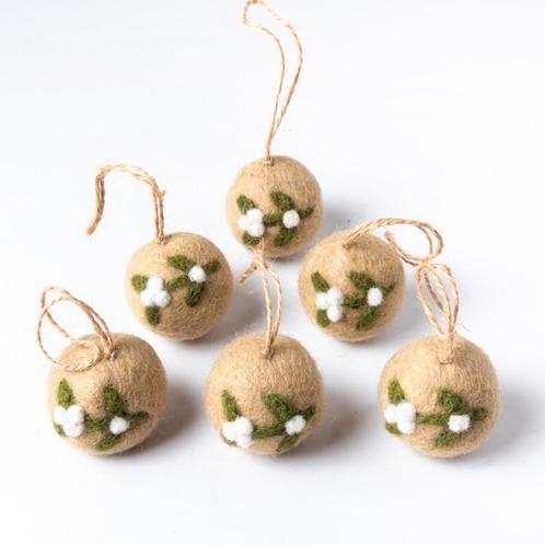 Kerstballen Vilt - Mistletoe Small - Set 6 stuks - 5cm - Bei, Diversen, Kerst, Nieuw, Ophalen of Verzenden