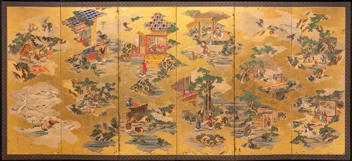 Bybu kamerscherm - Een zesluik Bybu met taferelen uit het, Antiek en Kunst, Antiek | Overige Antiek