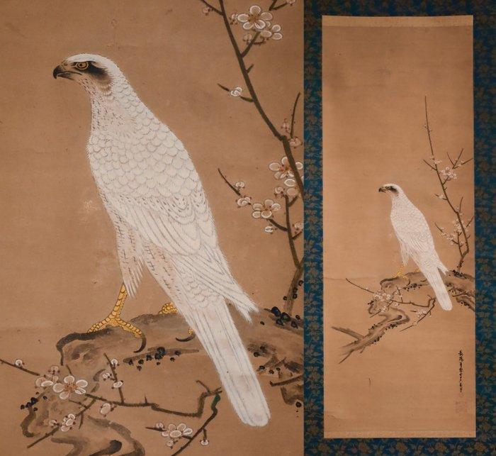 Bloem en Vogel - Oude Pruim en Witte Buizerd - hangende rol, Antiek en Kunst, Antiek | Overige Antiek