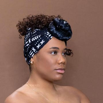 Afrikaanse Zwart / witte Satin Lined Bogolan hoofddoek - Mud beschikbaar voor biedingen