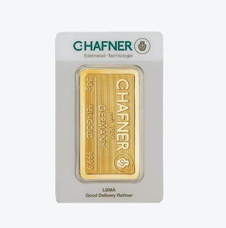 C. Hafner goudbaar 50 gram met certificaat | Goudonline, Postzegels en Munten, Edelmetalen en Baren, Goud