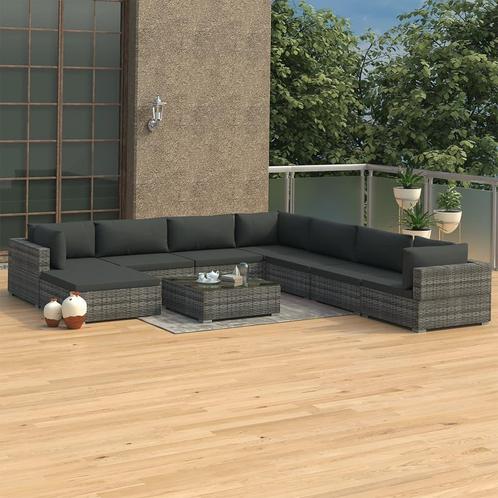 vidaXL 9-delige Loungeset met kussens poly rattan grijs, Tuin en Terras, Tuinsets en Loungesets, Loungeset, Nieuw, Meer dan 8 zitplaatsen