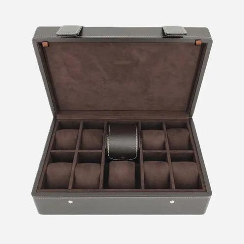 Horlogedoos Donkerbruin leder 10 Horloges Leanschi + gratis, Sieraden, Tassen en Uiterlijk, Horloges | Heren, Nieuw, Verzenden