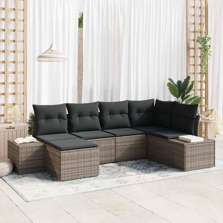 vidaXL Tuin Sofa Set met kussen met opslag 6 pcs Grijs poly, Tuin en Terras, Tuinsets en Loungesets, Nieuw, Rotan, Verzenden