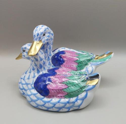 Herend - Figuur - Entenpaar, Fishnet blau - Porselein, Antiek en Kunst, Antiek | Glas en Kristal