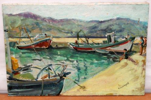 Pedro Monegal (XX) - Pescando en el puerto, Antiek en Kunst, Kunst | Schilderijen | Klassiek