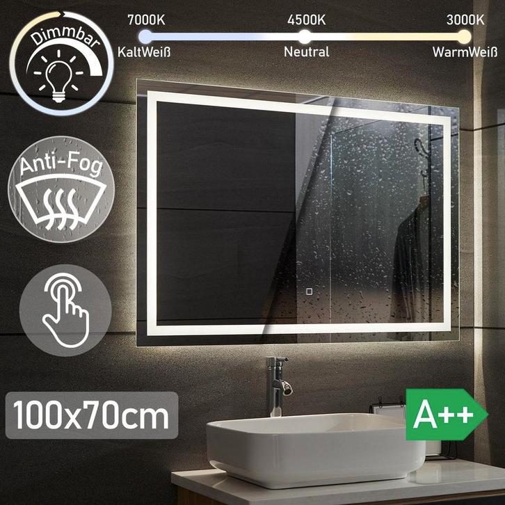 LED Badkamer Spiegel - 100x70cm - Dimbaar - Anticondensfunct, Huis en Inrichting, Overige Huis en Inrichting, Nieuw, Verzenden