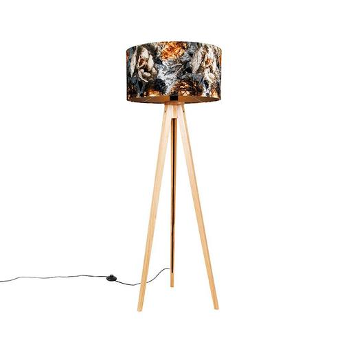 Vloerlamp tripod naturel met kap bloemen 50 cm - Tripod, Huis en Inrichting, Lampen | Vloerlampen, Nieuw, Overige materialen, 100 tot 150 cm