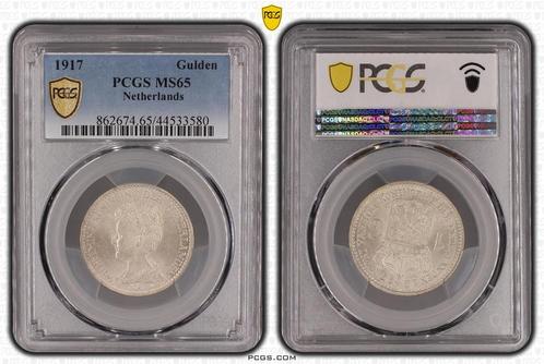 Koningin Wilhelmina 1 gulden 1917 - MS65 PCGS gecertificeerd, Postzegels en Munten, Munten | Nederland, Losse munt, Zilver, Verzenden