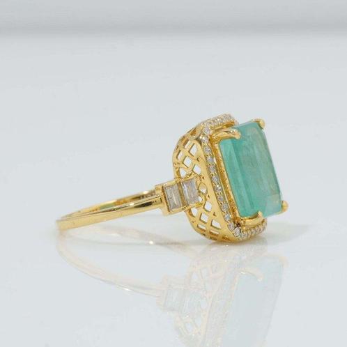 Statement ring - 14 karaat Geel goud - 3.89ct. tw. Smaragd -, Sieraden, Tassen en Uiterlijk, Antieke sieraden