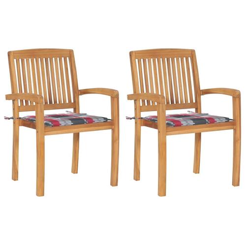 vidaXL Tuinstoelen 2 st met rood geruite kussens massief, Tuin en Terras, Tuinstoelen, Nieuw, Teakhout, Verzenden