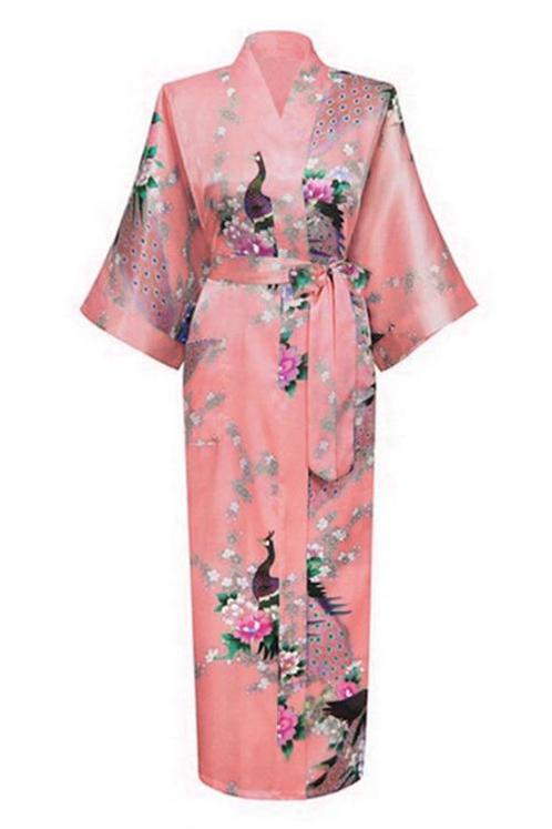 KIMU® Kimono Zalm Roze Maxi L-XL Yukata Satijn Lang Lange Li, Kleding | Dames, Carnavalskleding en Feestkleding, Nieuw, Maat 42/44 (L)