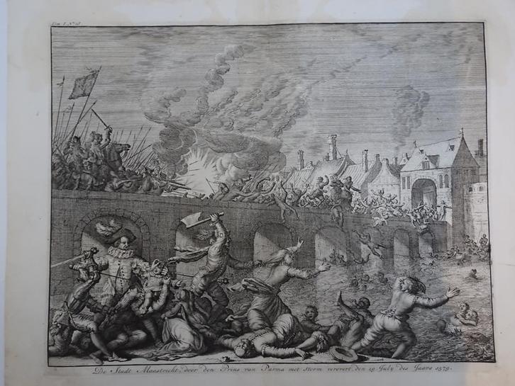 gravure Maastricht door prins Parma veroverd, Luyken, Antiek en Kunst, Kunst | Etsen en Gravures, Verzenden