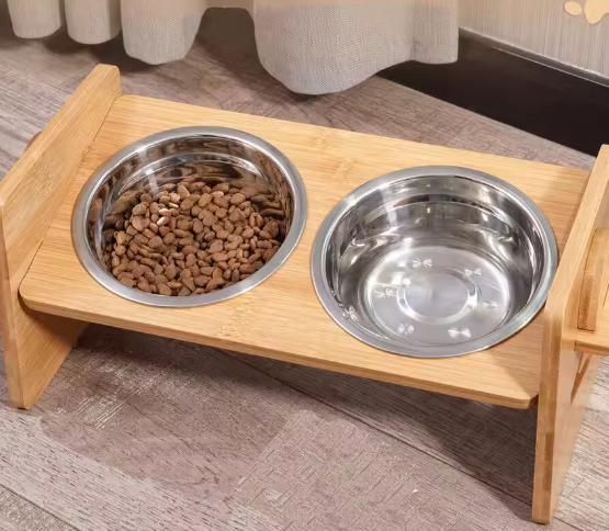 Verhoogde Kattenvoerbak Bamboe – Dubbele RVS Kommen, Dieren en Toebehoren, Hondenvoerbakken en Drinkbakken, Nieuw, Verzenden