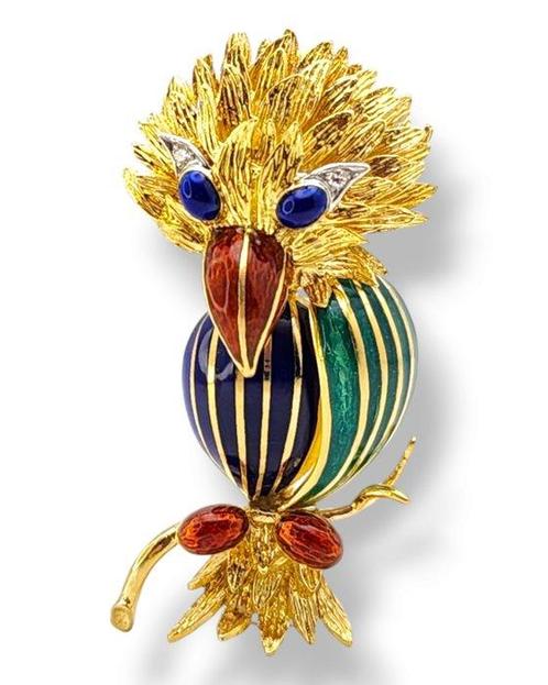 Broche - 18 karaat Geel goud, 18k Gouden Diamant Emaille, Sieraden, Tassen en Uiterlijk, Antieke sieraden