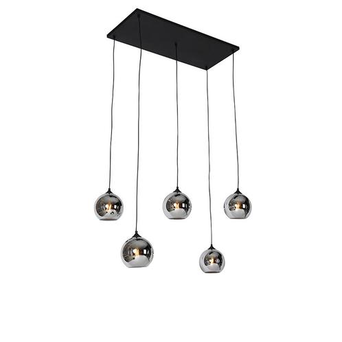 Art deco hanglamp zwart met smoke glas 5-lichts - Wallace, Huis en Inrichting, Lampen | Hanglampen, Nieuw, Glas, 75 cm of meer