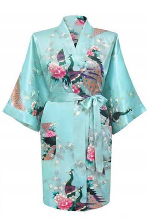 KIMU® Kimono Lichtblauw Kort XL-XXL Yukata Satijn Boven de K, Kleding | Dames, Carnavalskleding en Feestkleding, Nieuw, Maat 46/48 (XL) of groter