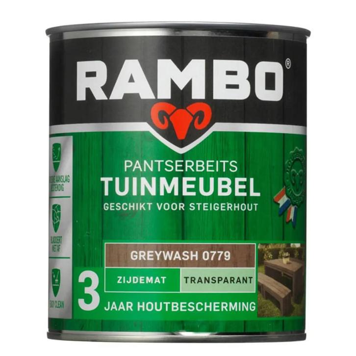 Rambo Pantserbeits Tuinmeubel Transparant Zijdemat Greywash, Doe-het-zelf en Verbouw, Verf, Beits en Lak, Beits, Nieuw, Minder dan 5 liter