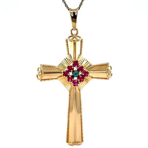 Gouden vintage kruis hanger met robijn en turkoois 18 krt, Sieraden, Tassen en Uiterlijk, Kettinghangers, Nieuw, Ophalen of Verzenden