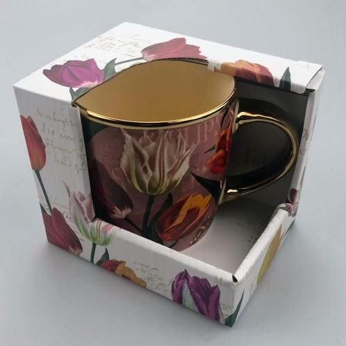 Beker - Mok pretty tulips roze/goud keramiek incl luxe kadov, Kleding | Heren, Schoenen, Nieuw, Ophalen of Verzenden
